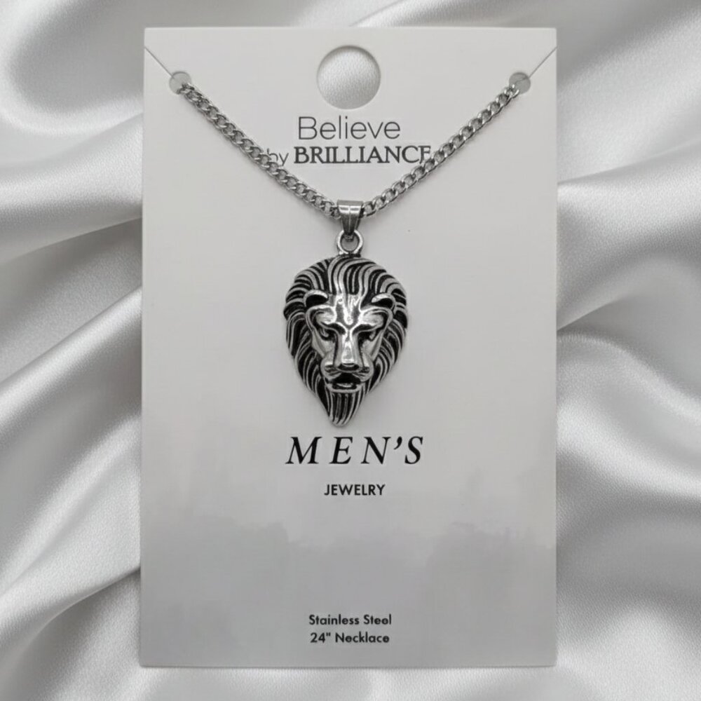 Believe by Brilliance Men’s Silver Lion Head Pendant Necklace 24” NWT - Picture 4 of 8